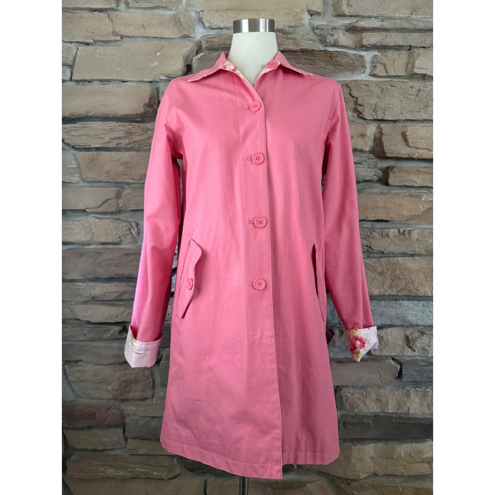 Reversible Vintage Trench Coat Pink Floral Button Front Mid Length L Women